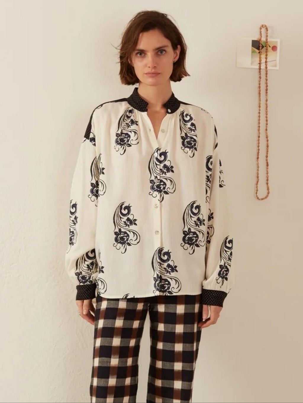 Alix Of Bohemia White Shirt Jacket With Black Floral Scroll Print
